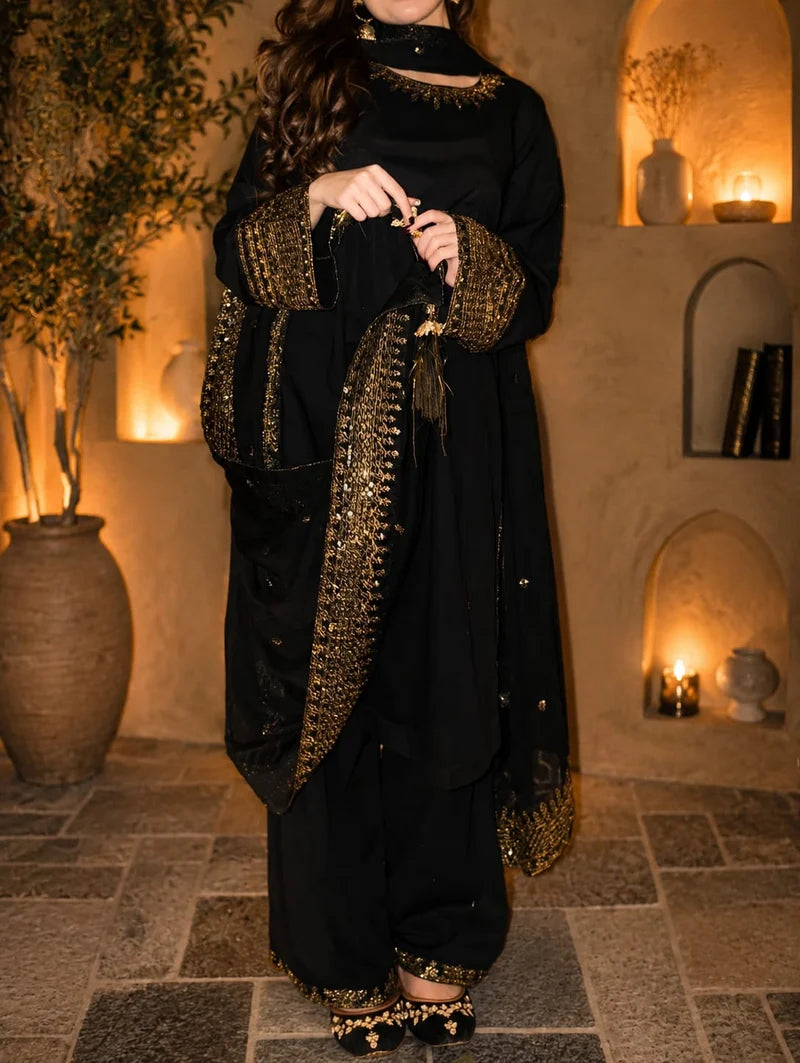 Mahrani Black Pearl Lawn Suit | Tila Sequin Embroidered 3 Piece with Chiffon Dupatta