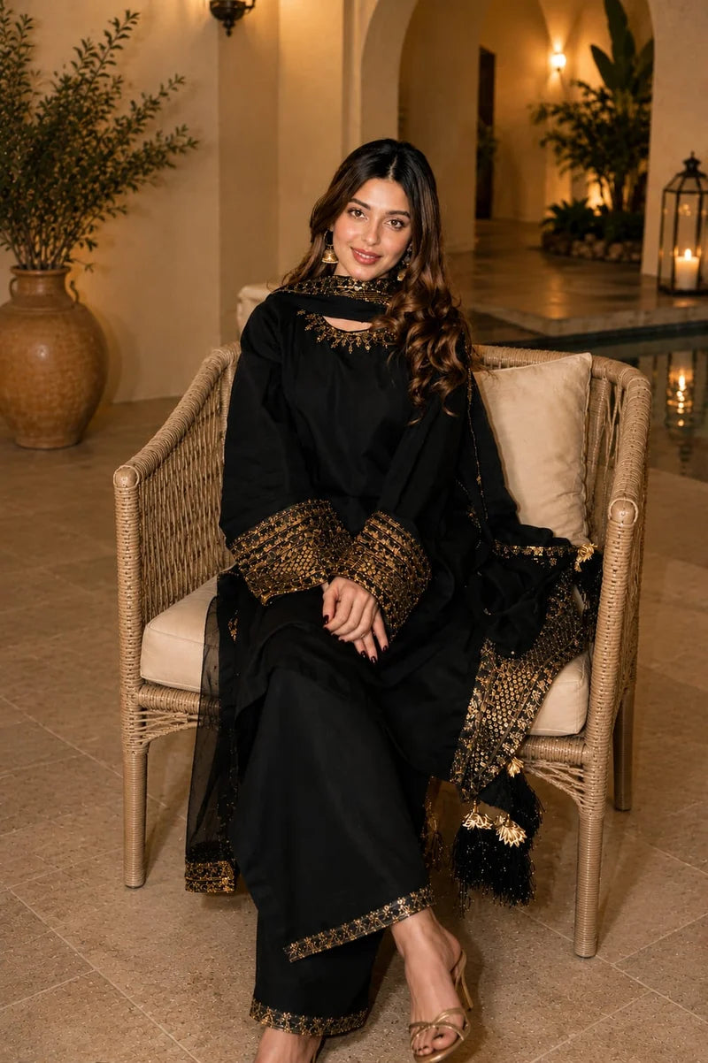 Mahrani Black Pearl Lawn Suit | Tila Sequin Embroidered 3 Piece with Chiffon Dupatta