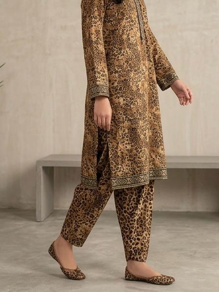 3-Piece Women’s Leopard Print Lawn Suit with Geometric Embroidered Border & Dupatta
