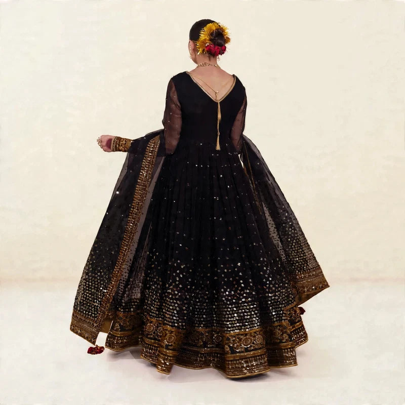 Mahrani Jahan Ara Black Kalidar Suit | Chiffon Bamber Silk 3 Piece