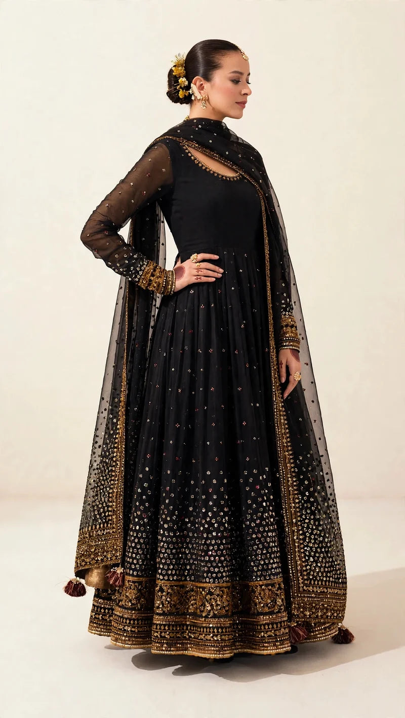 Mahrani Jahan Ara Black Kalidar Suit | Chiffon Bamber Silk 3 Piece