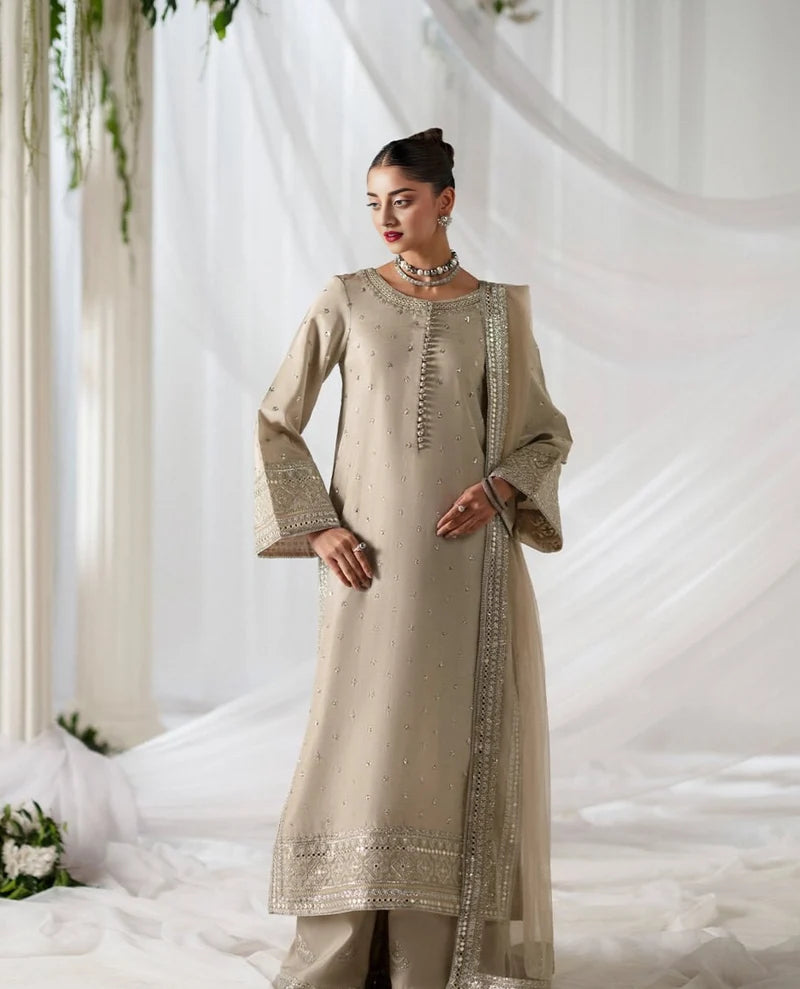 Mahrani Moonlight Beige | 3 piece Embroidered Stitched suit