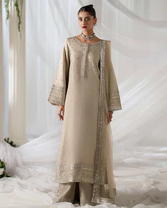 Mahrani Moonlight Beige | 3 piece Embroidered Stitched suit