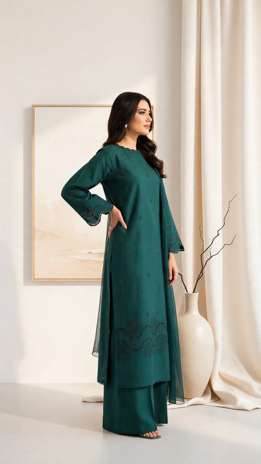 Maharani Teal Green Boring Embroidered Lawn Dress | 3 Piece Stitched