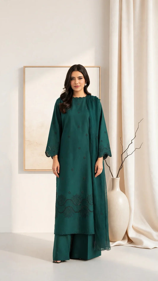 Maharani Teal Green Boring Embroidered Lawn Dress | 3 Piece Stitched