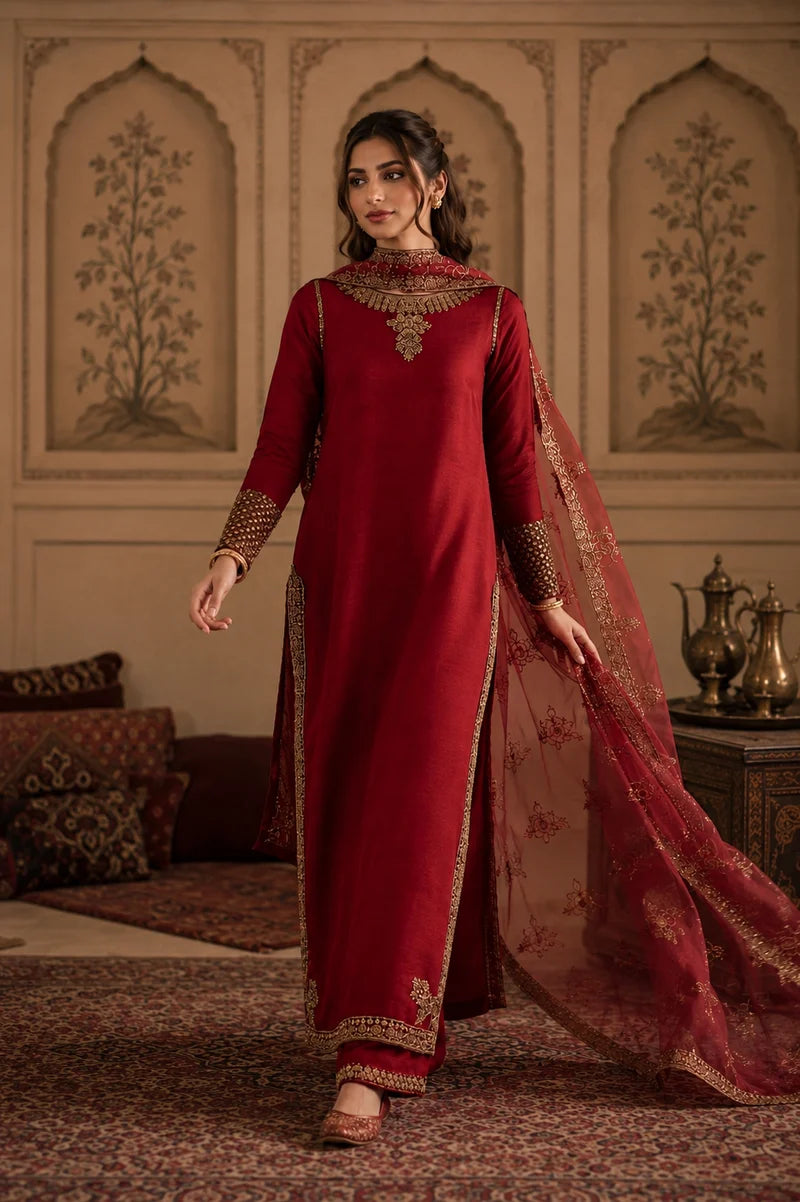 Mahrani Mahroon Ruby 3 Piece Maroon Lawn Suit - Luxury Pret