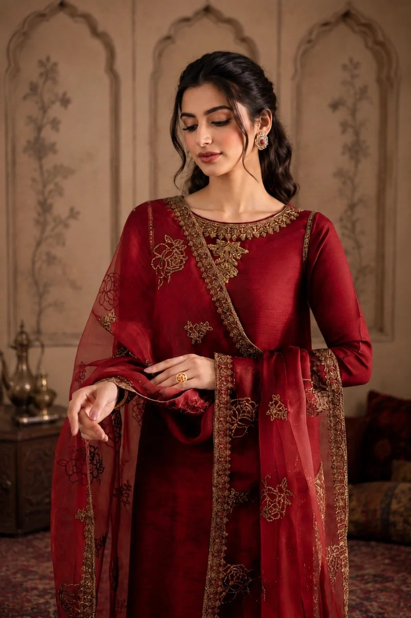 Mahrani Mahroon Ruby 3 Piece Maroon Lawn Suit - Luxury Pret