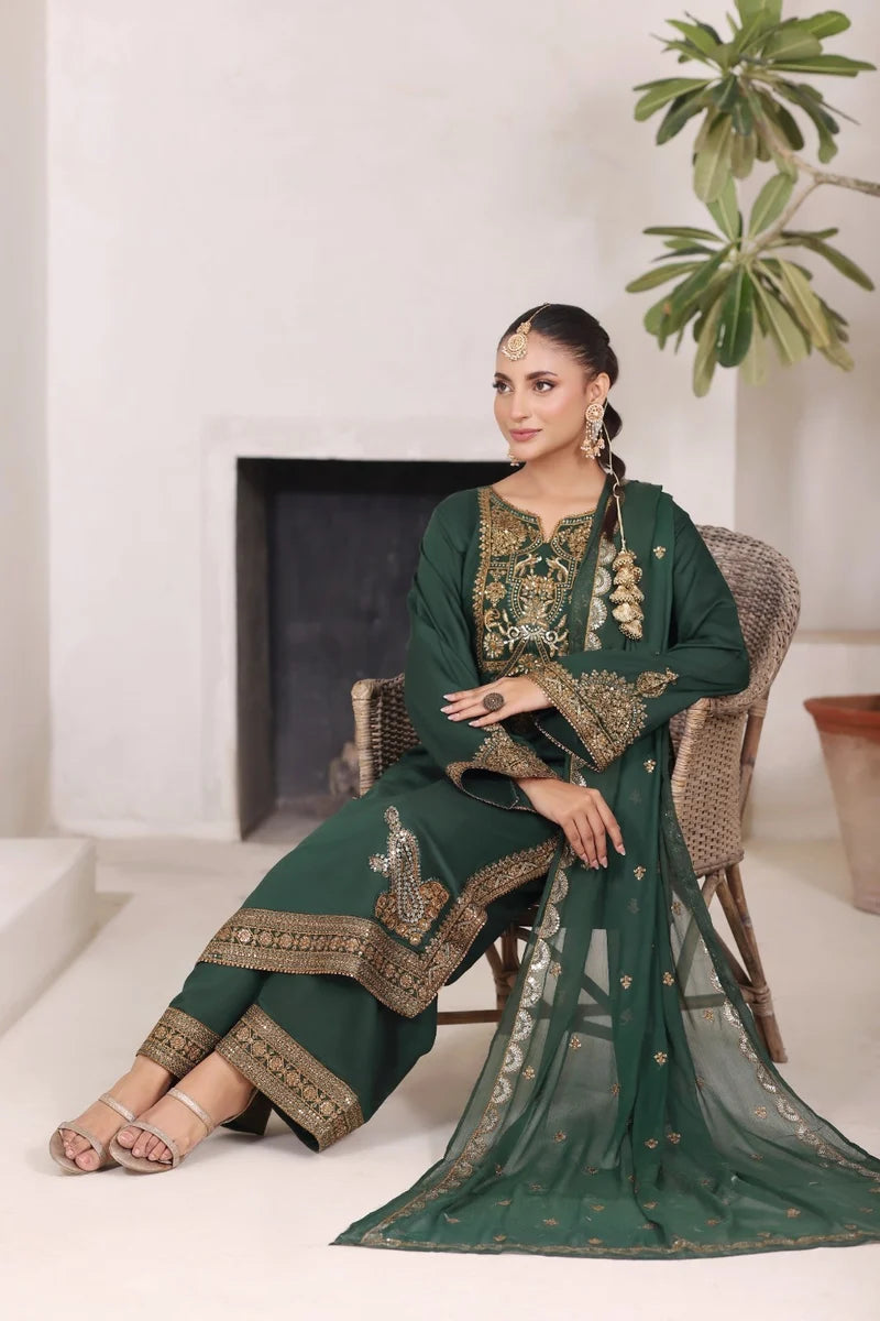 Mahrani Green Gold Maherposh Suit | Luxury Embroidered Lawn Pret 3 Piece