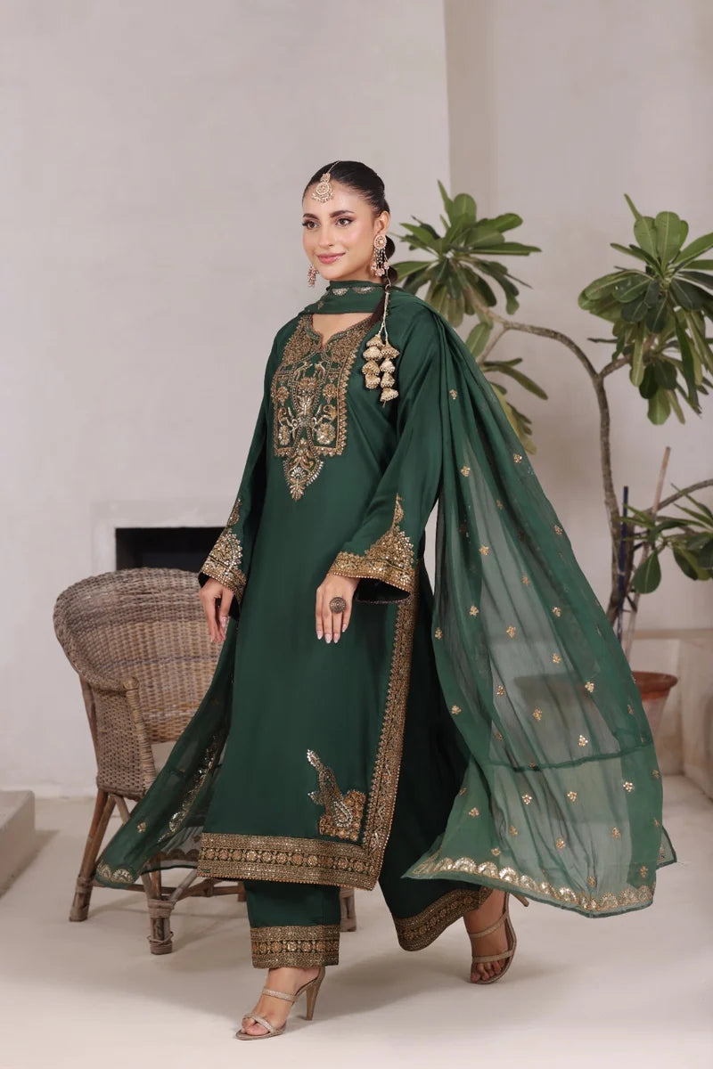 Mahrani Green Gold Maherposh Suit | Luxury Embroidered Lawn Pret 3 Piece
