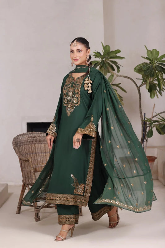 Mahrani Green Gold Maherposh Suit | Luxury Embroidered Lawn Pret 3 Piece