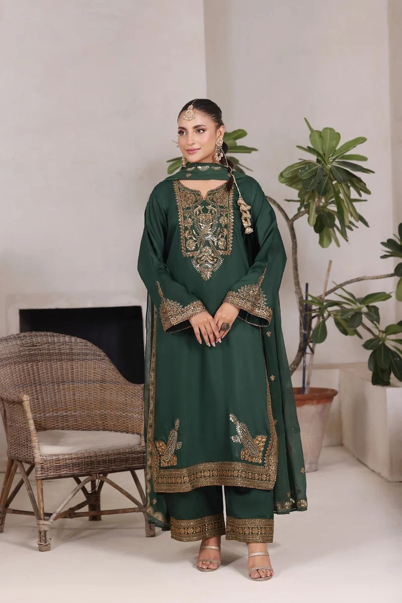 Mahrani Green Gold Maherposh Suit | Luxury Embroidered Lawn Pret 3 Piece
