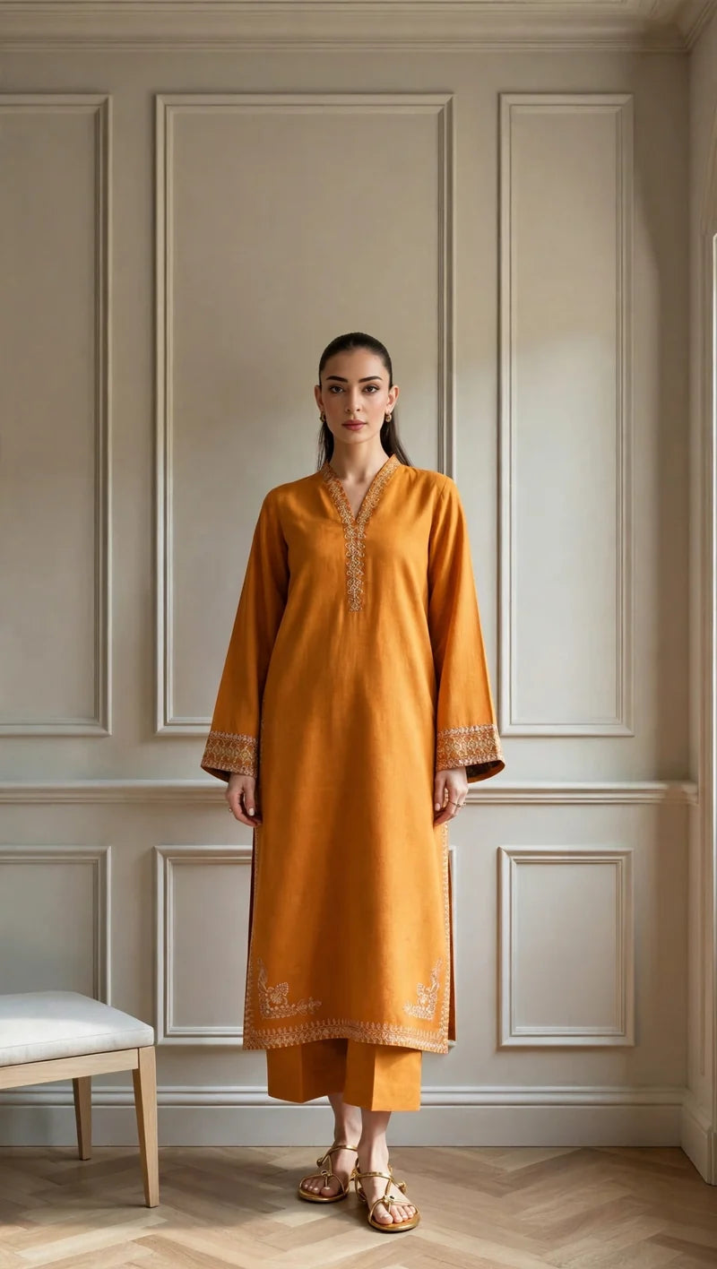 Mahrani Zarfishan Mustard Suit | Embroidered Lawn 3 Piece Festive Wear