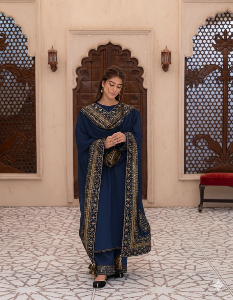 Mahrani Navy Blue Mystique – Luxury Embroidered Suit for Women