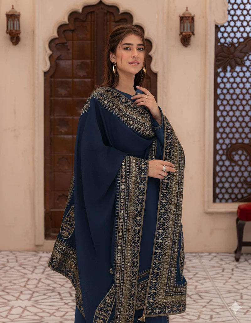 Mahrani Navy Blue Mystique – Luxury Embroidered Suit for Women