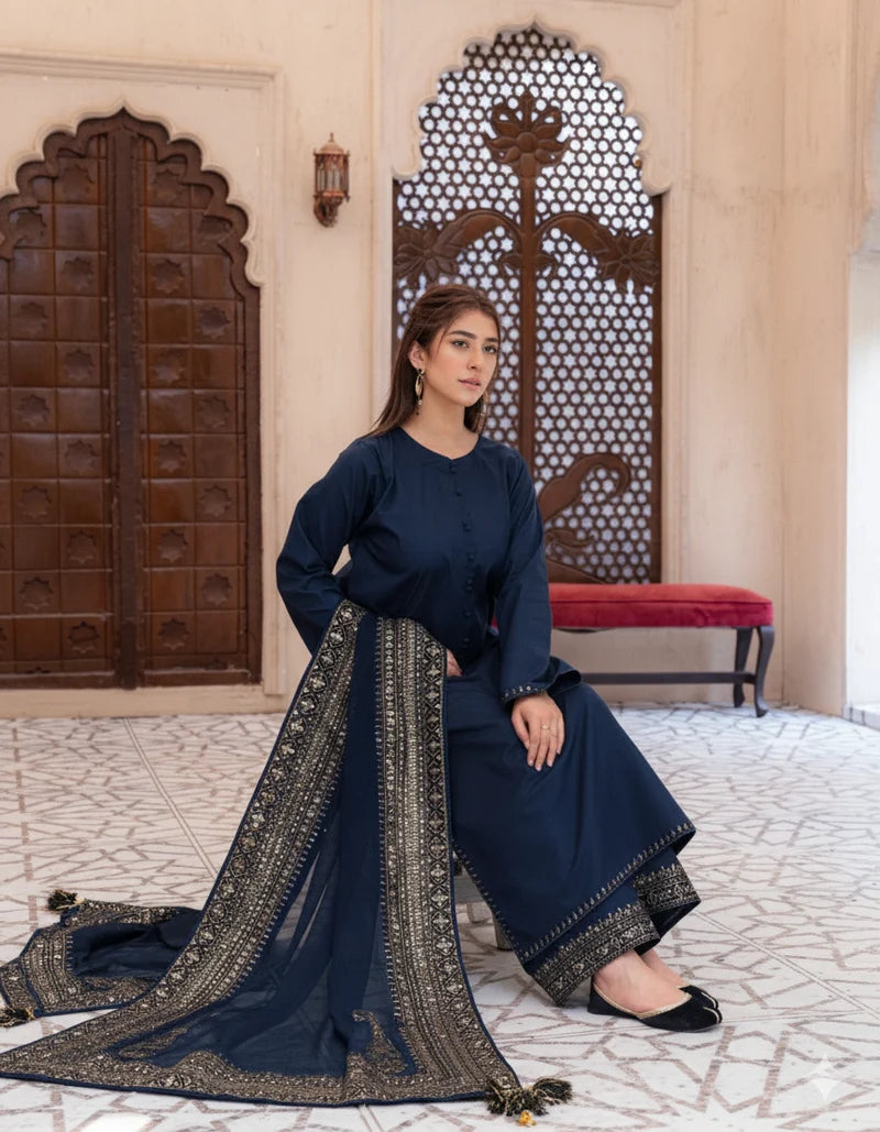 Mahrani Navy Blue Mystique – Luxury Embroidered Suit for Women