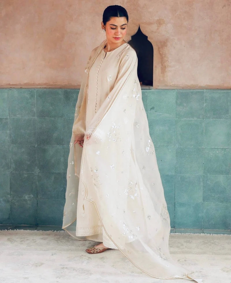 Mahari Noor-e-Eid Ivory Dress | Sequin Lace Trouser Festive Suit
