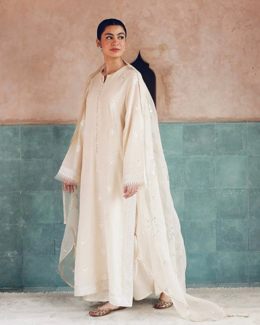 Mahari Noor-e-Eid Ivory Dress | Sequin Lace Trouser Festive Suit