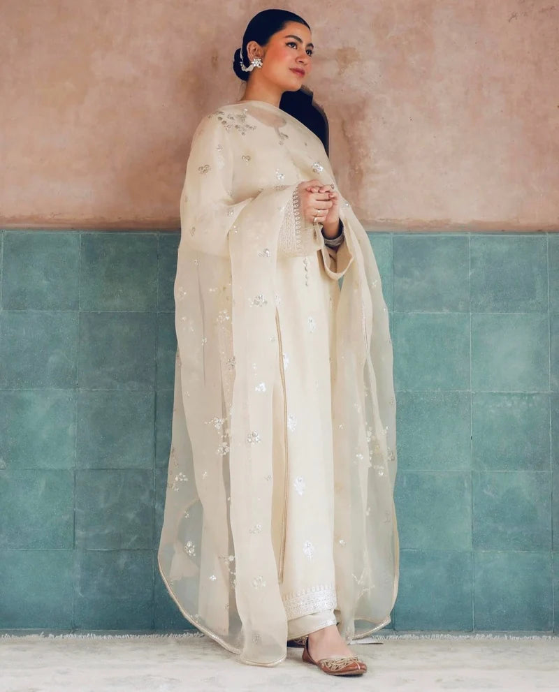 Mahari Noor-e-Eid Ivory Dress | Sequin Lace Trouser Festive Suit