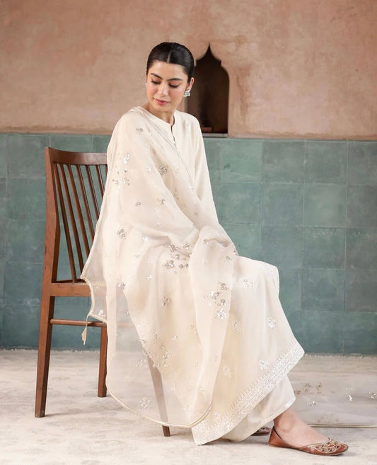 Mahari Noor-e-Eid Ivory Dress | Sequin Lace Trouser Festive Suit