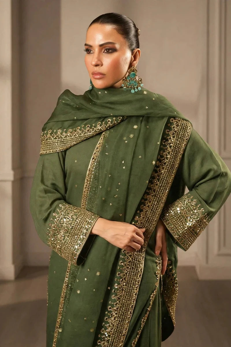 Mahrani Olive Pearl Lawn Suit | Tila Sequin Embroidered 3 Piece with Chiffon Dupatta