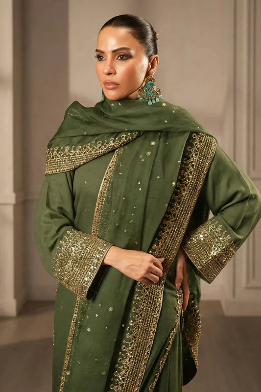 Mahrani Olive Pearl Lawn Suit | Tila Sequin Embroidered 3 Piece with Chiffon Dupatta
