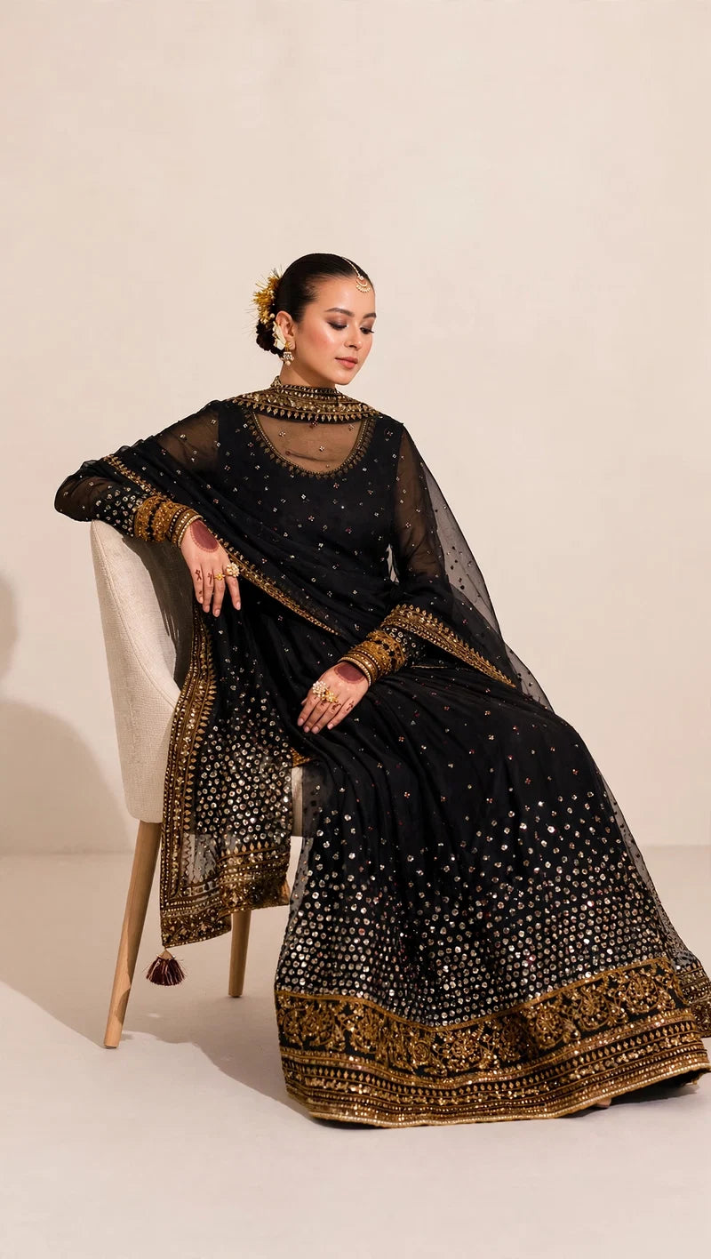 Mahrani Jahan Ara Black Kalidar Suit | Chiffon Bamber Silk 3 Piece