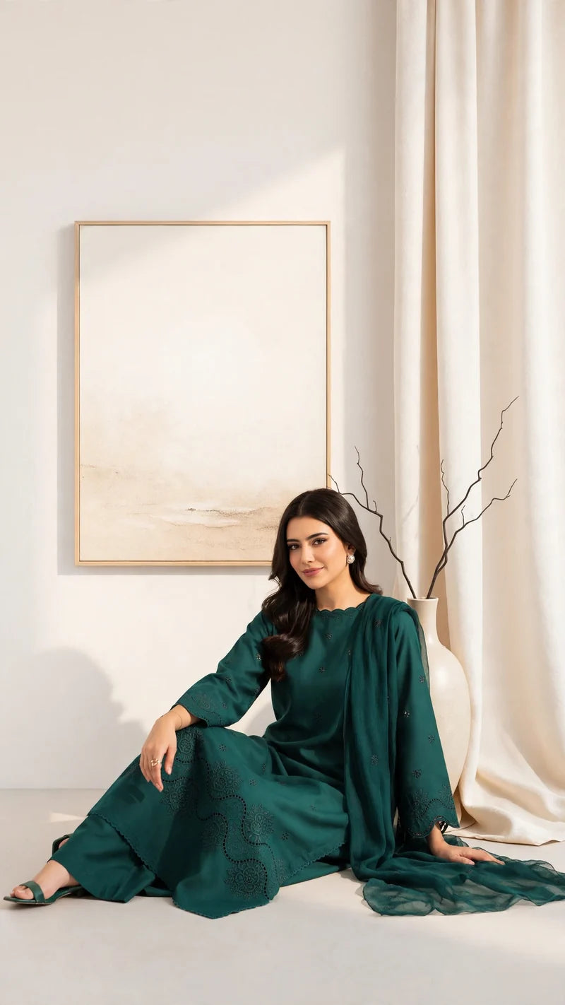 Maharani Teal Green Boring Embroidered Lawn Dress | 3 Piece Stitched