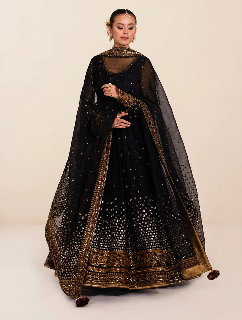 Mahrani Jahan Ara Black Kalidar Suit | Chiffon Bamber Silk 3 Piece